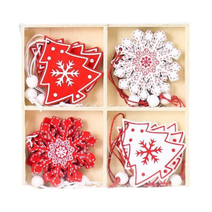 Set 12 Decoratiuni de Craciun din Lemn, Flippy, cu Snur pentru Agatare in Brad, Model Brazi si Fulgi de Nea, Alb-Rosu-0