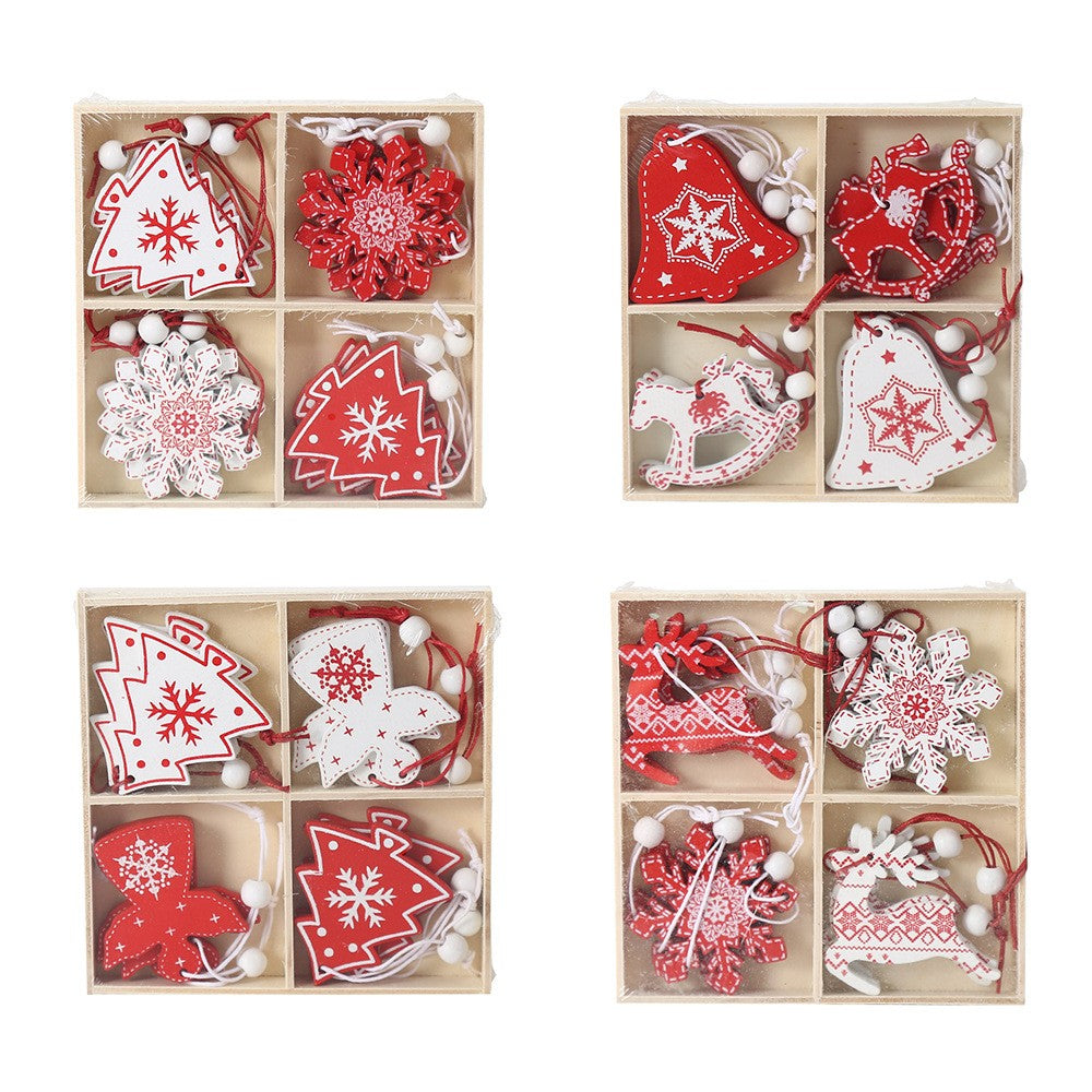 Set 12 Decoratiuni de Craciun din Lemn, Flippy, cu Snur pentru Agatare in Brad, Model Caluti si Clopotei, Alb-Rosu-7
