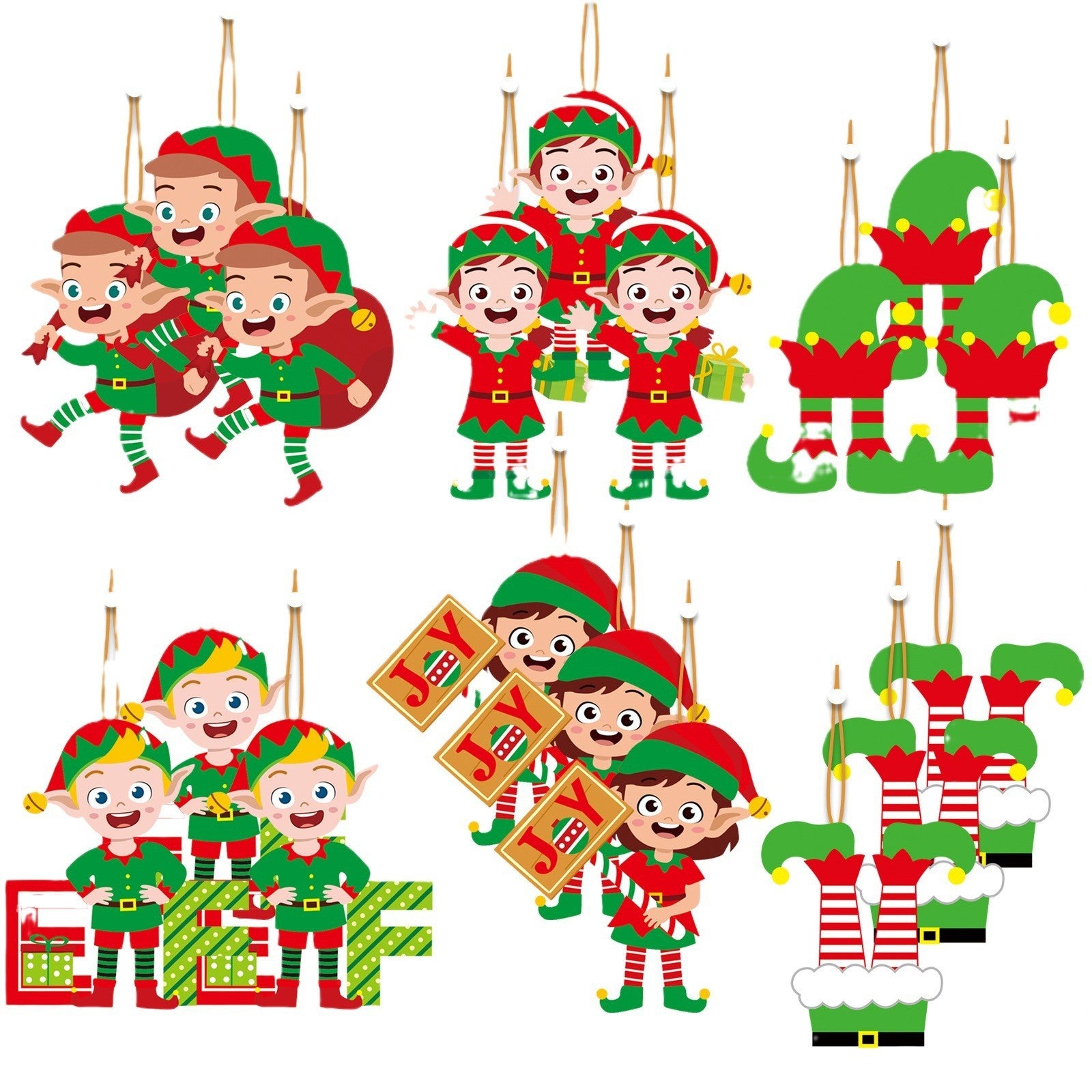 Set 12 Decoratiuni de Craciun din Lemn, Flippy, cu Snur pentru Agatare in Brad, Model Elfi Diferite Dimensiuni, 4 Modele, Multicolor-3