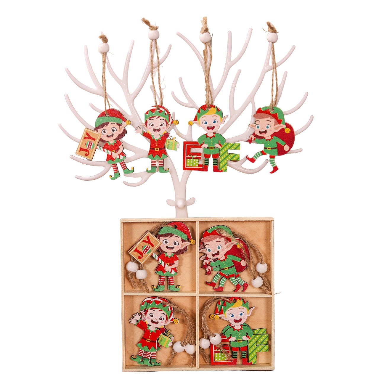 Set 12 Decoratiuni de Craciun din Lemn, Flippy, cu Snur pentru Agatare in Brad, Model Elfi Diferite Dimensiuni, 4 Modele, Multicolor-0