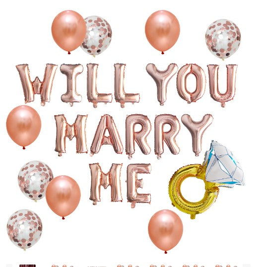 Set 12 piese baloane, 10 baloane latex, 1 set Marry me, 1 balon folie inel, rose gold-0