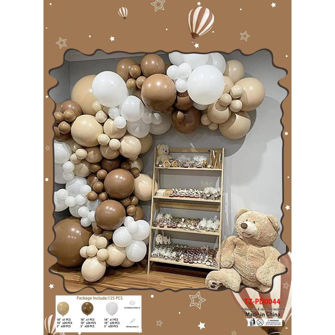 Set 125 Baloane din Latex, Flippy, Model Petrecere pentru Arcada, Baloane Party, 12 cm, 25 cm, 45 cm, Maro, Alb, Bej-1