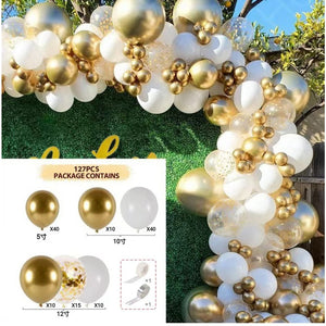 Set 127 Baloane din Latex, Flippy, Model Petrecere pentru Arcada, Baloane Party, 12 cm, 25 cm, 30 cm, Alb, Gold-0