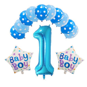 Set 13 baloane Prima Aniversare, 10 baloane latex, 2 baloane stea folie, cifra 1, Albastru-0