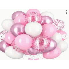 Set 16 Baloane din Latex Metalizate, Flippy, Model Party, 30 cm, Alb, Roz, Roz Chrome, Transparent Confetti 2.8 g-0