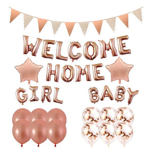 Set 16 piese baloane folie si latex, 12 baloane latex, 2 baloane folie, 1 set Welcome Home Baby Girl,1 Banner, Rose gold-0