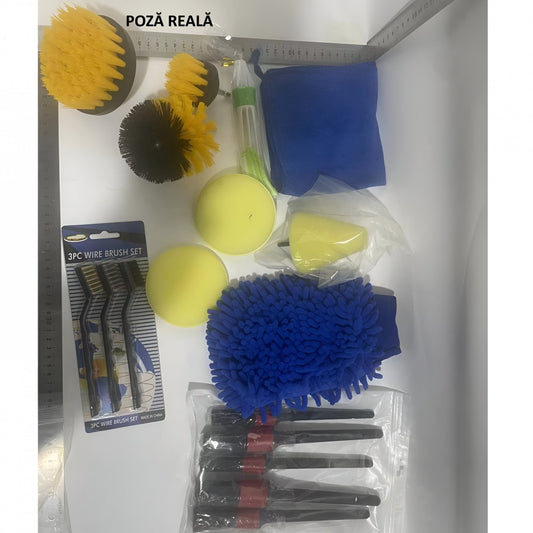 Set 17 Accesorii pentru Curatare Auto, Flippy, Interior si Exterior, 4 Capete pentru Bormasina, 5 Pensule, 3 Perii, 1 Laveta, 1 Manusa, 1 Perie Tripla Grilaj, 2 Bureti, Multicolor-1
