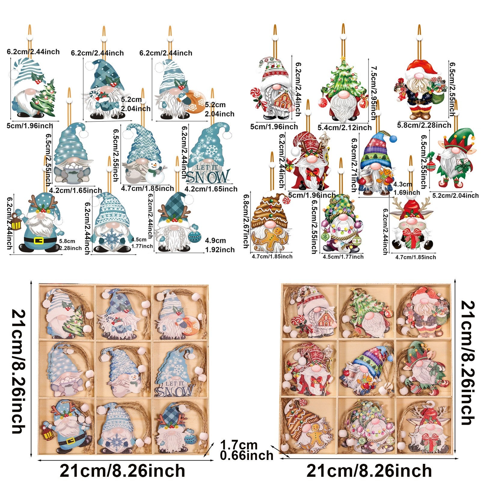 Set 18 Decoratiuni de Craciun din Lemn, Flippy, cu Snur pentru Agatare in Brad, Model Gnomi, Diferite Dimensiuni, Albastru-6