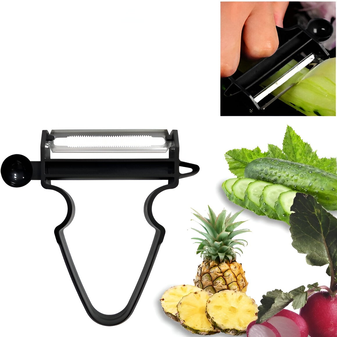 Set 3 Accesorii de Decojire, Razuire si Feliere, Flippy, pentru Legume si Fructe, Negru-Rosu-Albastru-8