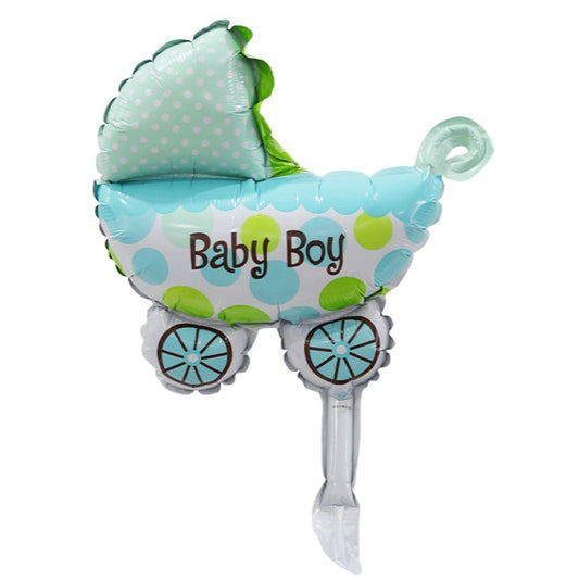 Set 3 Baloane din Folie Metalizata, Flippy, Figurine Carucior, Inima, Fundita, Tema Botez, 45 cm, Ambalaj Individual, Pai Inclus, Umflare cu Aer sau Heliu, Albastru-1