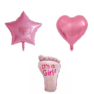 Set 3 Baloane din Folie Metalizata, Flippy, Figurine Picior 46x79 cm, Inima 45 cm, Stea 45cm, Model It's a Girl, Tema Gender Reveal, Ambalaj Individual, Pai Inclus, Umflare cu Aer sau Heliu, Roz-0
