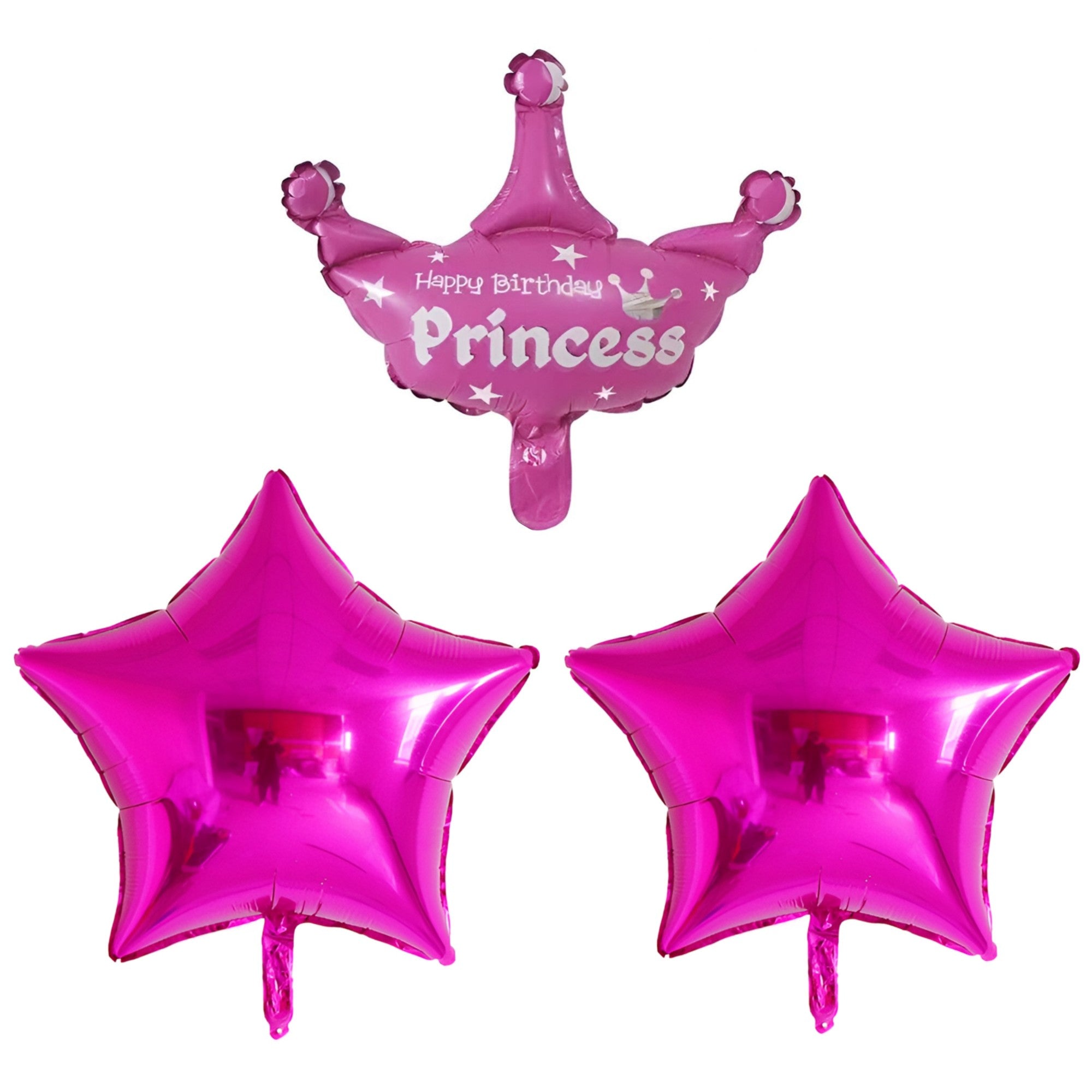 Set 3 Baloane din Folie Metalizata, Flippy, Model Coroana Princess si Stelute, 40 cm, Ambalaj Individual, Pai Inclus, Roz-0