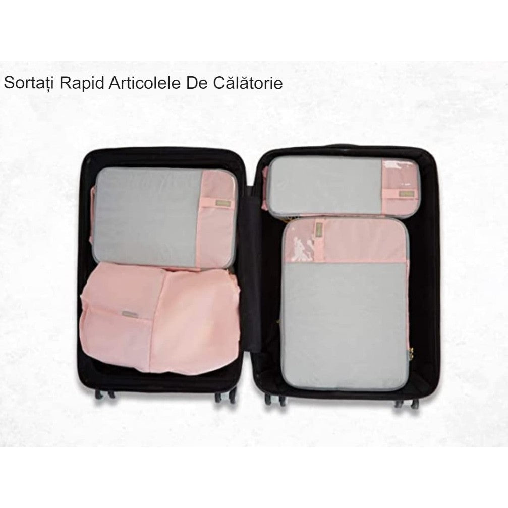 Set 3 Genti de Calatorie Flippy, Pentru Depozitare, Compresibile, 3 Dimensiuni, Mic, Mediu, Mare, Impermeabile, Fermoar Dublu, Roz-19