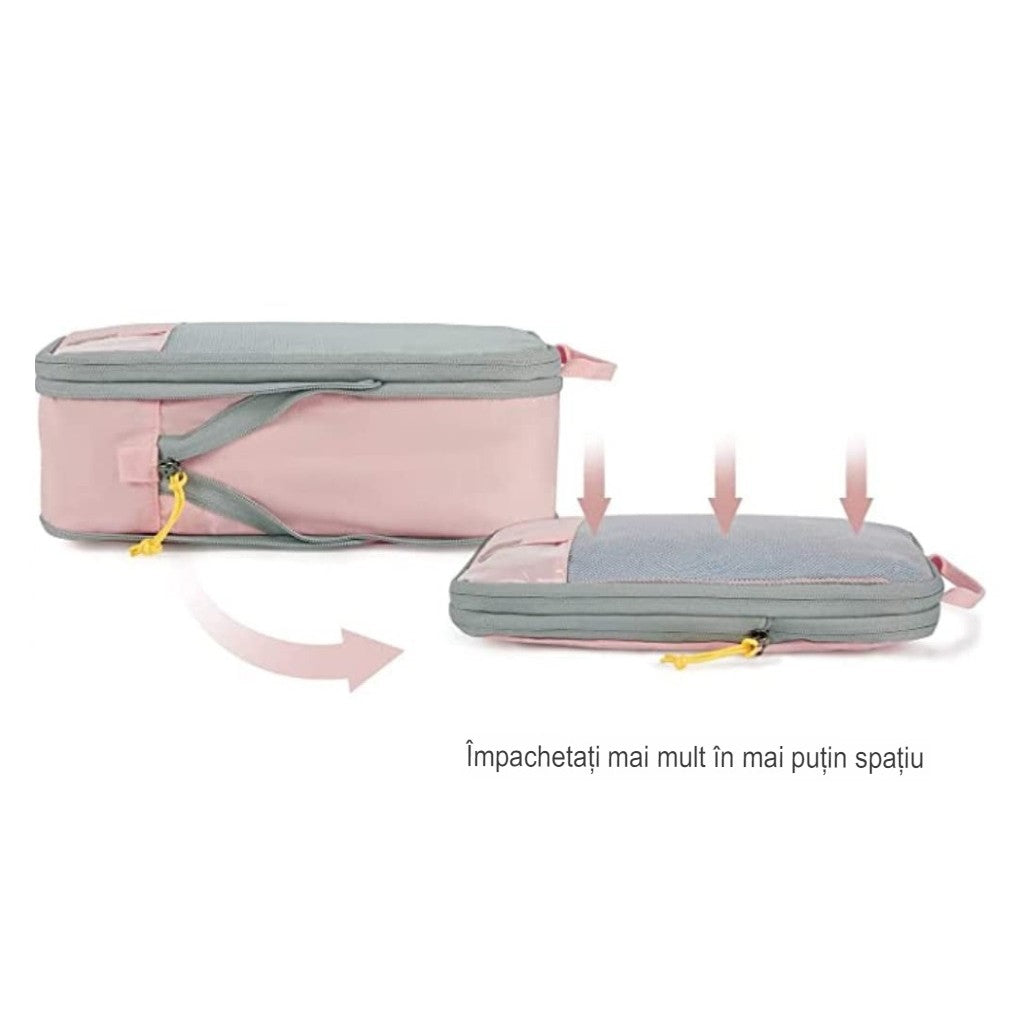Set 3 Genti de Calatorie Flippy, Pentru Depozitare, Compresibile, 3 Dimensiuni, Mic, Mediu, Mare, Impermeabile, Fermoar Dublu, Roz-18