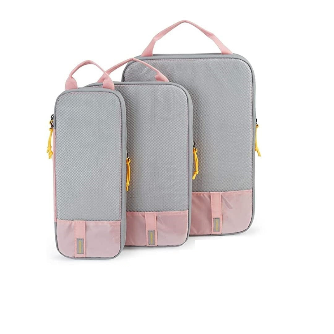 Set 3 Genti de Calatorie Flippy, Pentru Depozitare, Compresibile, 3 Dimensiuni, Mic, Mediu, Mare, Impermeabile, Fermoar Dublu, Roz-1