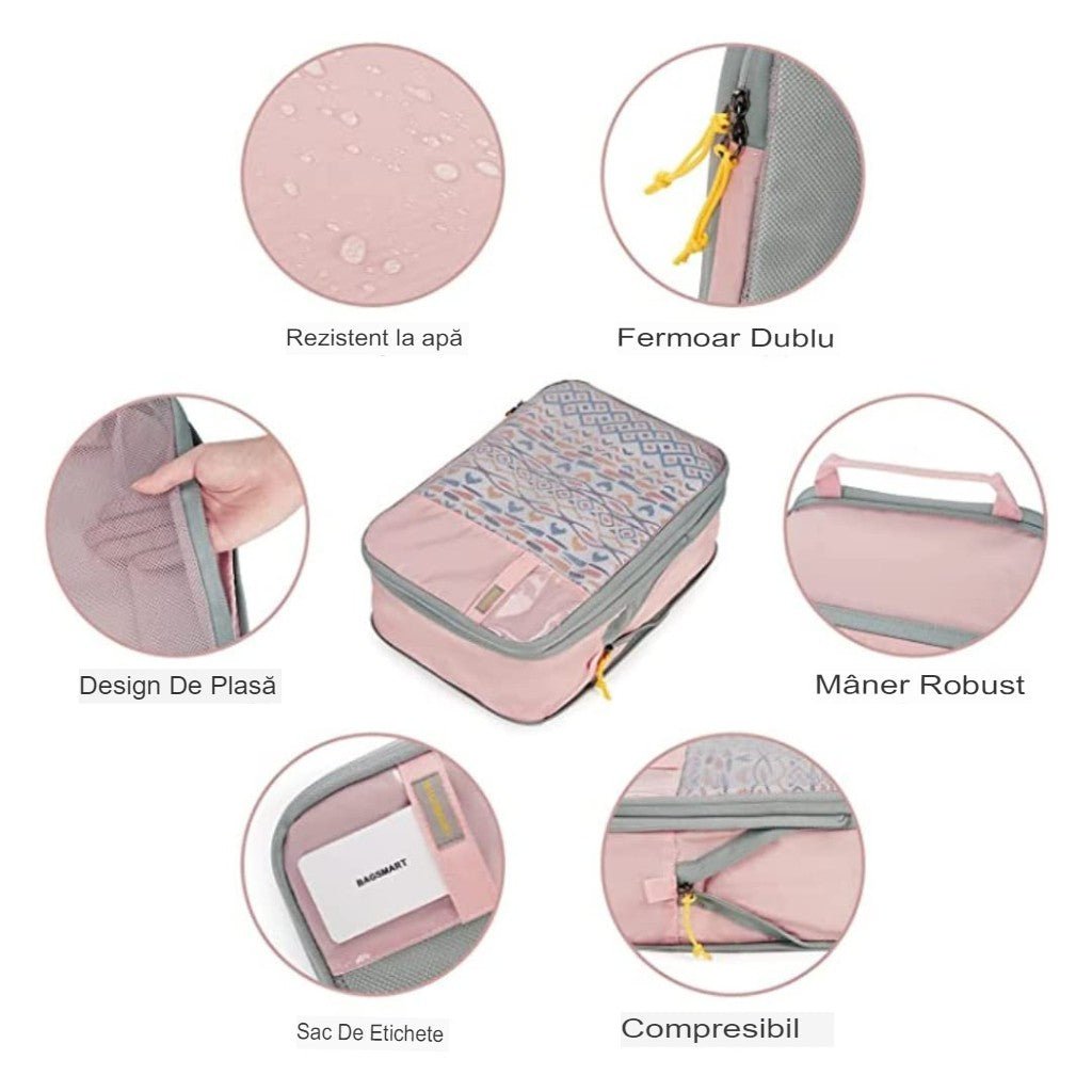 Set 3 Genti de Calatorie Flippy, Pentru Depozitare, Compresibile, 3 Dimensiuni, Mic, Mediu, Mare, Impermeabile, Fermoar Dublu, Roz-10