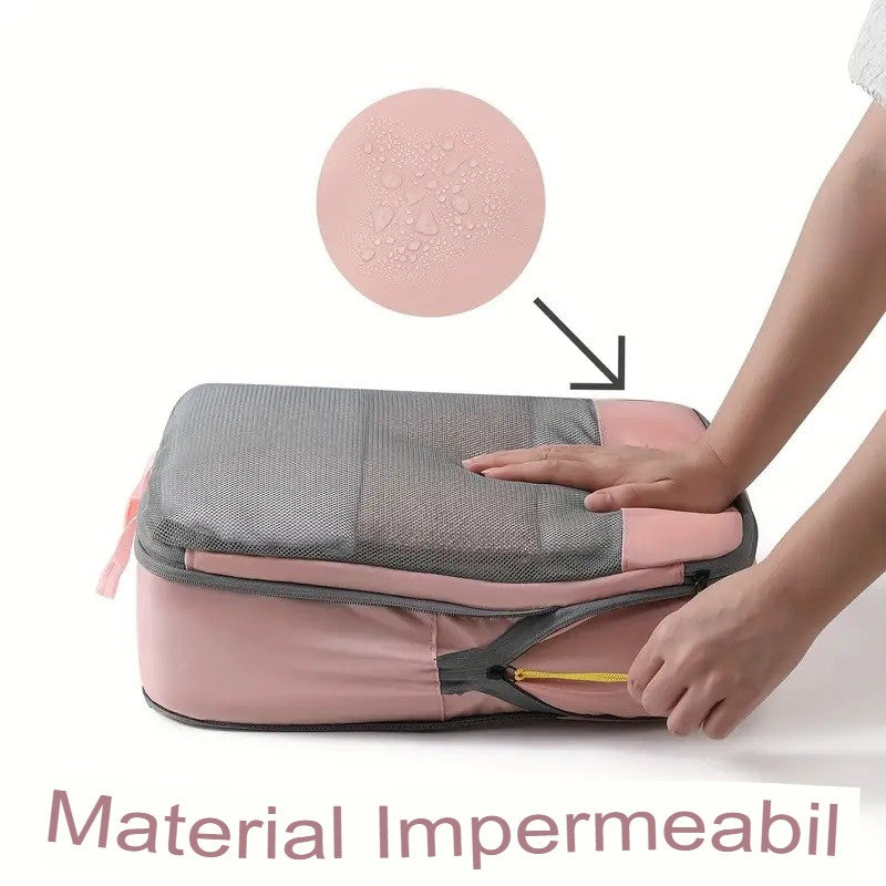 Set 3 Genti de Calatorie Flippy, Pentru Depozitare, Compresibile, 3 Dimensiuni, Mic, Mediu, Mare, Impermeabile, Fermoar Dublu, Roz-9