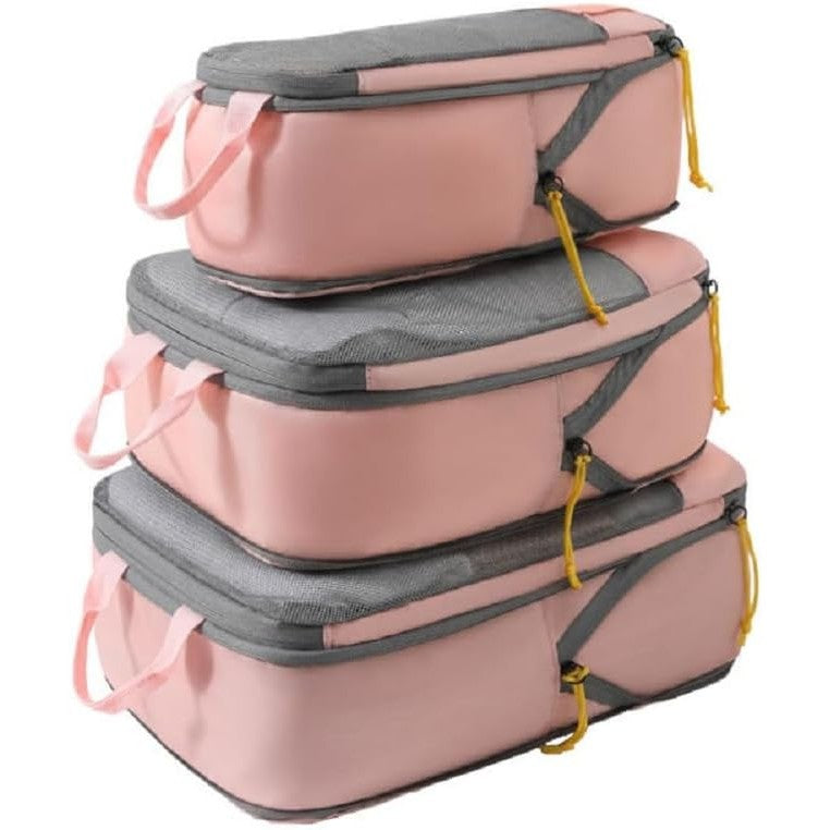 Set 3 Genti de Calatorie Flippy, Pentru Depozitare, Compresibile, 3 Dimensiuni, Mic, Mediu, Mare, Impermeabile, Fermoar Dublu, Roz-5