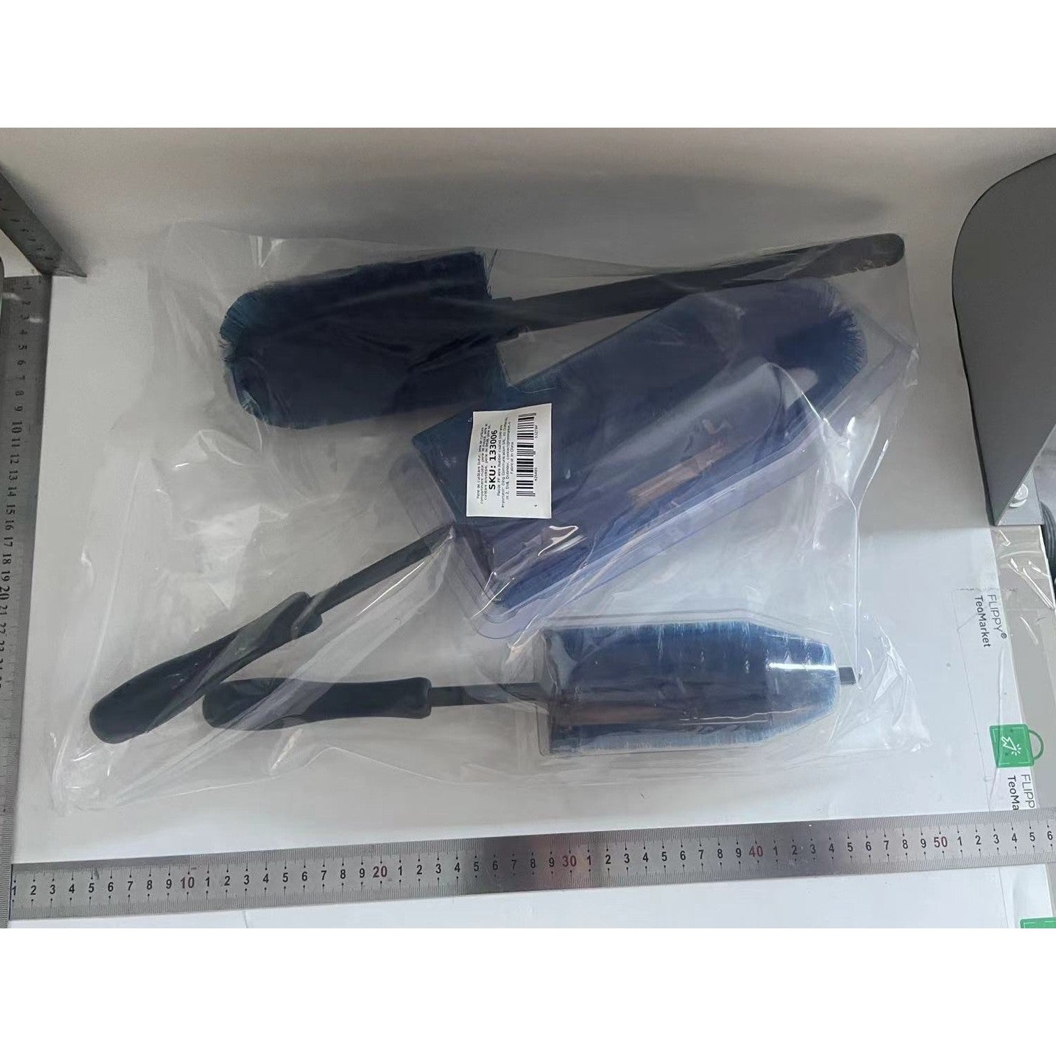 Set 3 Piese pentru Cosmetica Auto, Flippy, din Plastic si Otel, Maner Ergonomic, Perie Butuc, Anvelope, Detalii, Albastru-2