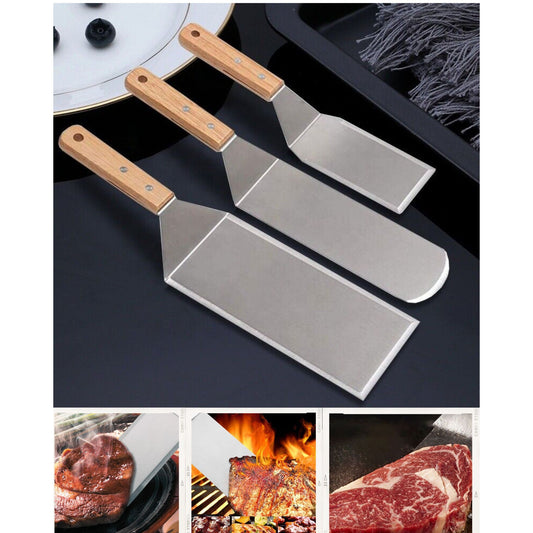 Set 3 spatule pentru gratar Flippy, din metal, margini subtiri, suprafata antiaderenta, rezistente la temperaturi ridicate, maner ergonomic din lemn, 3 forme, agatatoare, gri-1