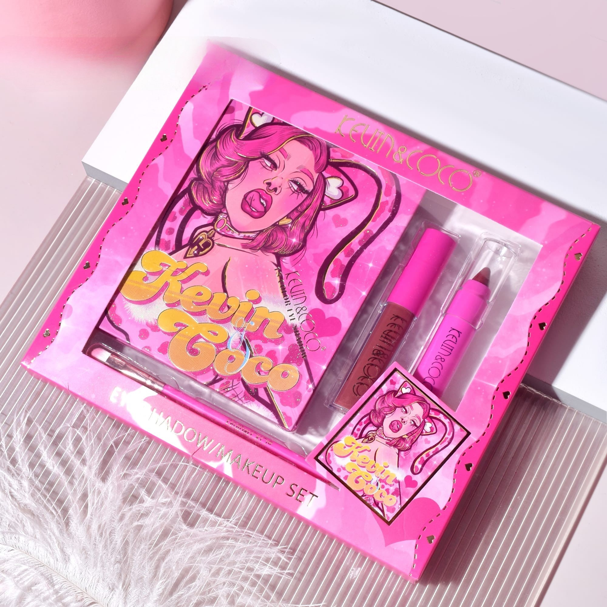 Set 4 Produse de Machiaj, KEVIN & COCO, Pink Loving-heart Leopard Girl, 18 culori, 20.5 x 18.2 x 2.2 cm-2