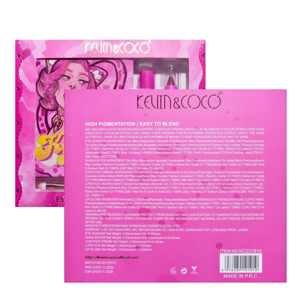 Set 4 Produse de Machiaj, KEVIN & COCO, Pink Loving-heart Leopard Girl, 18 culori, 20.5 x 18.2 x 2.2 cm-6