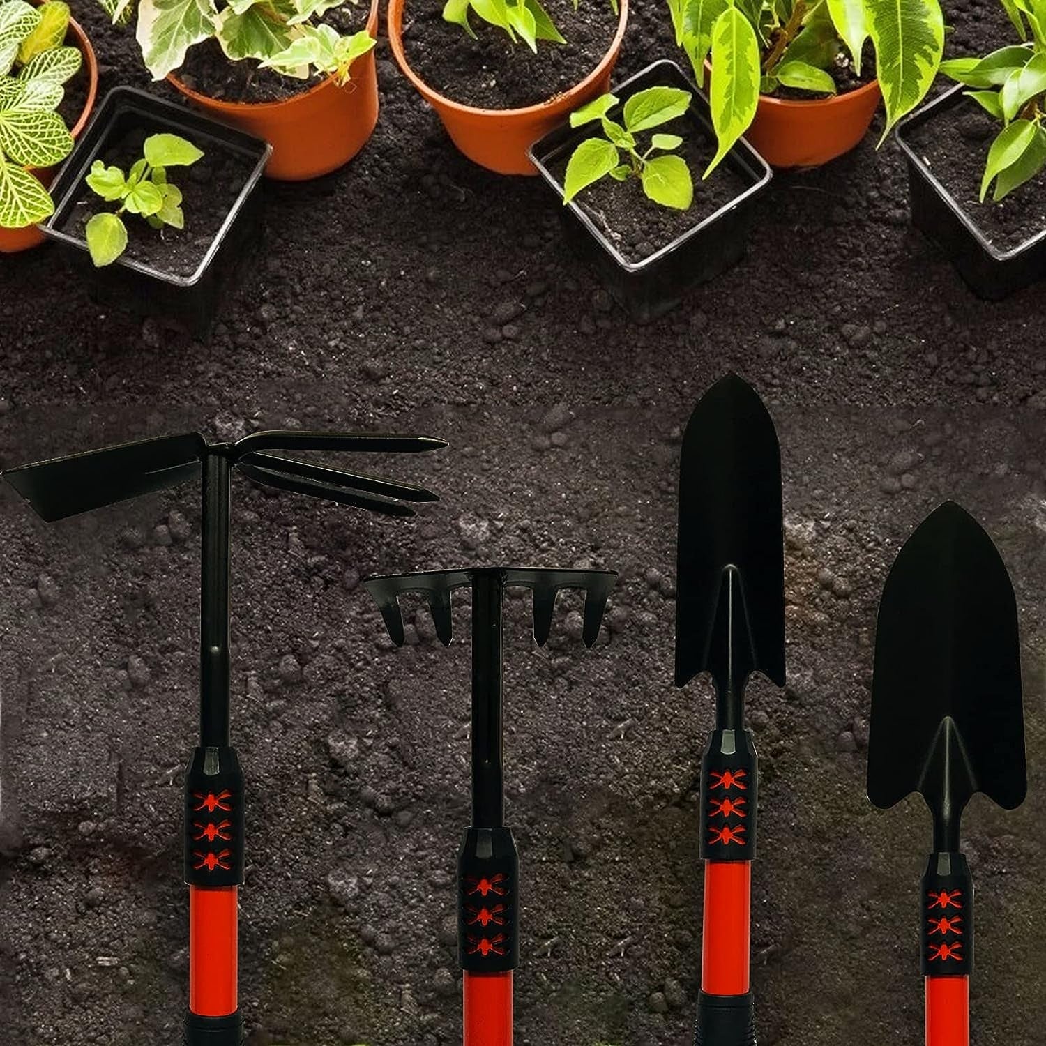Set 4 Unelte de Gradina Flippy, Maner extensibil, pentru Plantare Prelucrare Sol si Ingrijire Plante, Material otel carbon, negru-3
