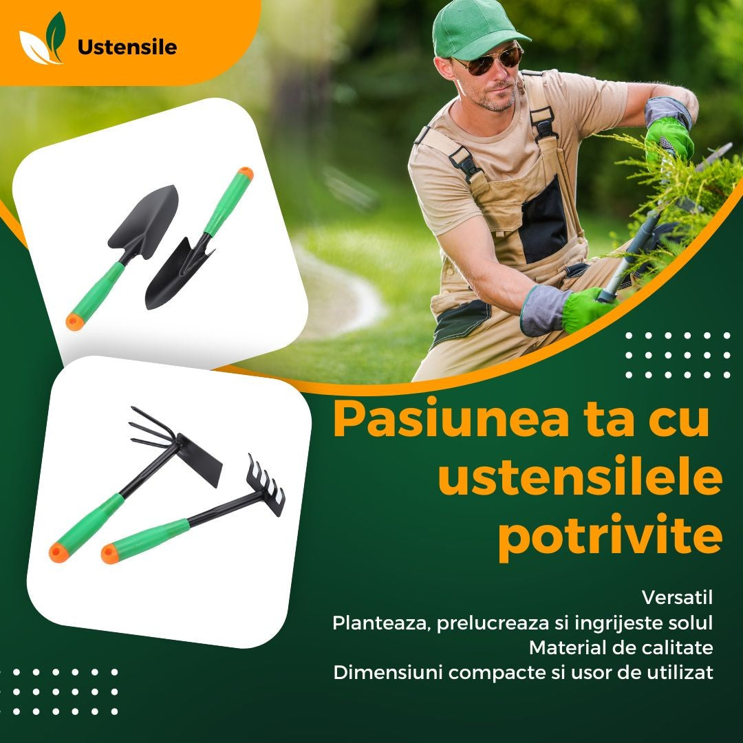 Set 4 Unelte de Gradina Flippy, pentru Plantare Prelucrare Sol si Ingrijire Plante, Material PVC si cardboard, 31.5 x 8.5 cm, verde-1