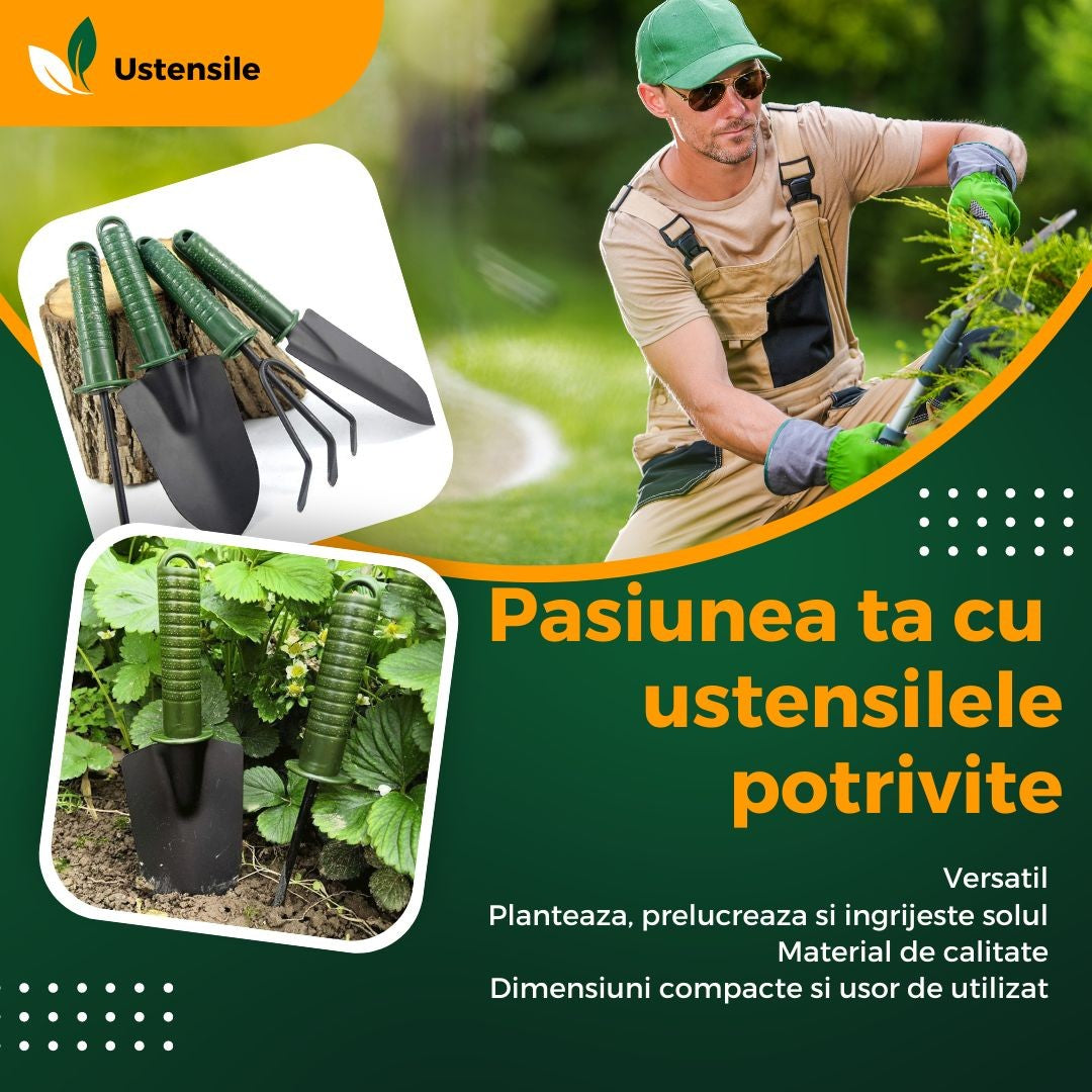 Set 4 Unelte de Gradina Flippy, pentru Plantare Prelucrare Sol si Ingrijire Plante, Material PVC si cardboard, 25 x 8.5 cm, verde-1