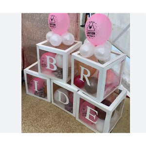 Set 5 Cutii pentru Baloane, Flippy, Tematica Nunta, Model Scris Bride, Contur Alb, Transparente, 30x30 cm-0