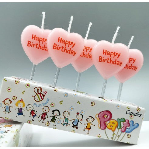 Set 5 lumanari in forma de inima, Happy Bithday, 10 x 2.2 x 8 cm, roz-0