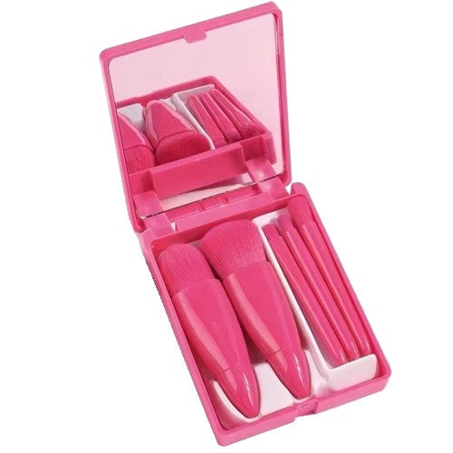 Set 5 Mini Pensule de Machiaj, Flippy, Portabile, in Carcasa cu Oglinda, din Par Sintetic Moale, Fucsia, 12x7x2.5 cm-0