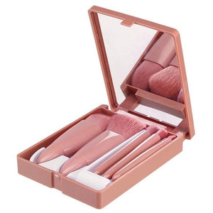 Set 5 Mini Pensule de Machiaj, Flippy, Portabile, in Carcasa cu Oglinda, din Par Sintetic Moale, Roz Pastel, 12x7x2.5 cm-0