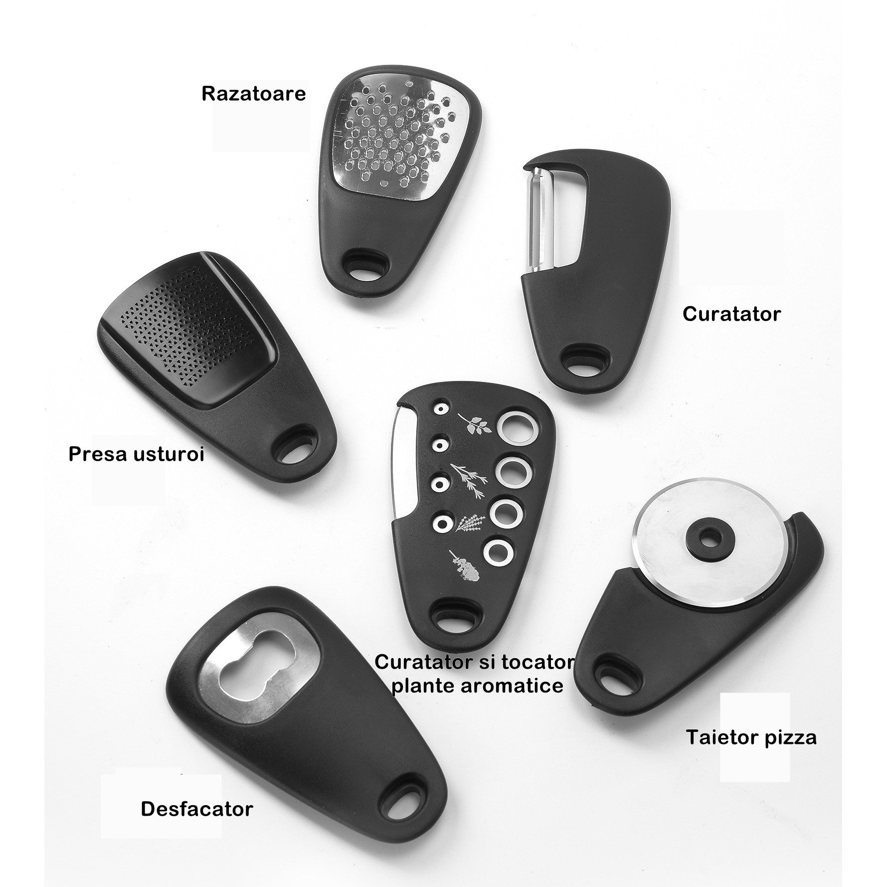 Set 6 in 1 mini ustensile bucatarie Flippy, taietor pizza, cutit, curatator, razatoare, desfacator, presa usturoi, manere din ABS, lame ascutite din otel inoxidabil, 7.1 x 12.9 x 4.8 cm, negru-3