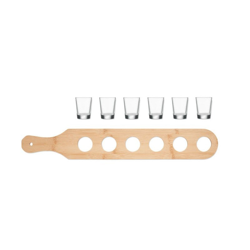 Set 6 Pahare Shot din Sticla Flippy, cu Suport din Lemn, Design Rustic, 49.5 x 7 x 6.5 cm, Maro-5