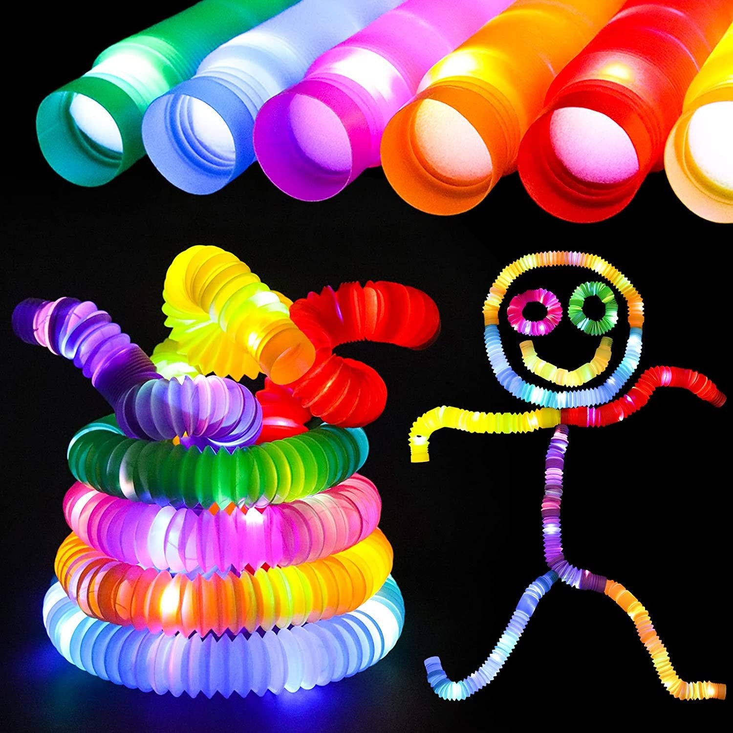 Set 6 Tuburi Antistres, Flippy, cu Lumina LED, Fidget Pop Tube, multicolor-2