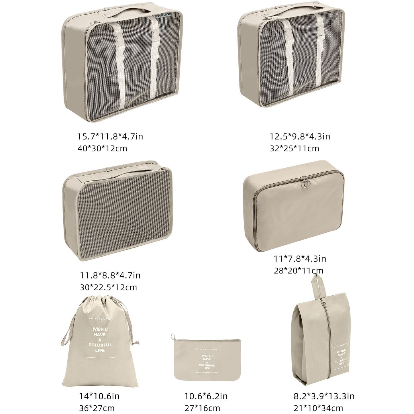 Set 7 Genti de Calatorie, Flippy, pentru Depozitare, Compresibile, 7 Dimensiuni, Impermeabile, Design cu Plasa, Pliabile, Manere Robuste, Fermoar dublu, Bej-2