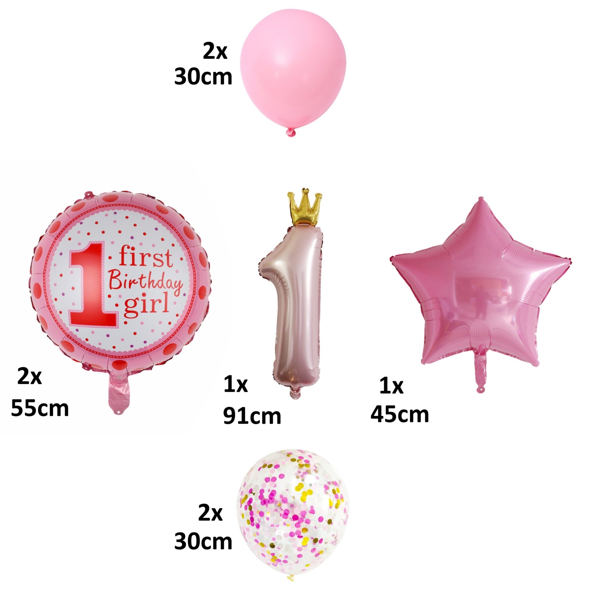 Set 8 Baloane din Folie Metalizată si din Latex, Flippy, Model Prima Aniversare, Baloane Party, 91cm, 45 cm, 30 cm, Ambalaj Individual, Pai Inclus, Roz-2
