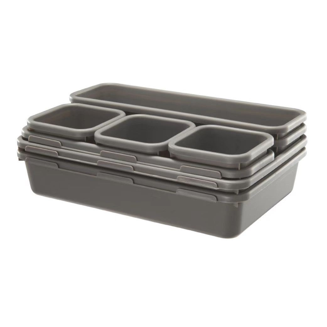 Set 8 cutii depozitare, pentru sertar, cosmetice, ustensile bucatarie, textile, plastic, gri, Flippy, 23.5 x 16 cm-5