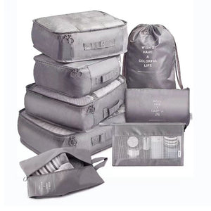Set 8 huse organizare bagaj Flippy, material poliester, impermeabil, cu fermoar, pentru calatorii sau dulap, sac pentru pantofi inclus, pliabil, gri-0