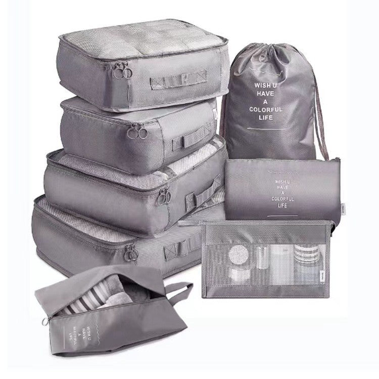 Set 8 huse organizare bagaj Flippy, material poliester, impermeabil, cu fermoar, pentru calatorii sau dulap, sac pentru pantofi inclus, pliabil, gri-0