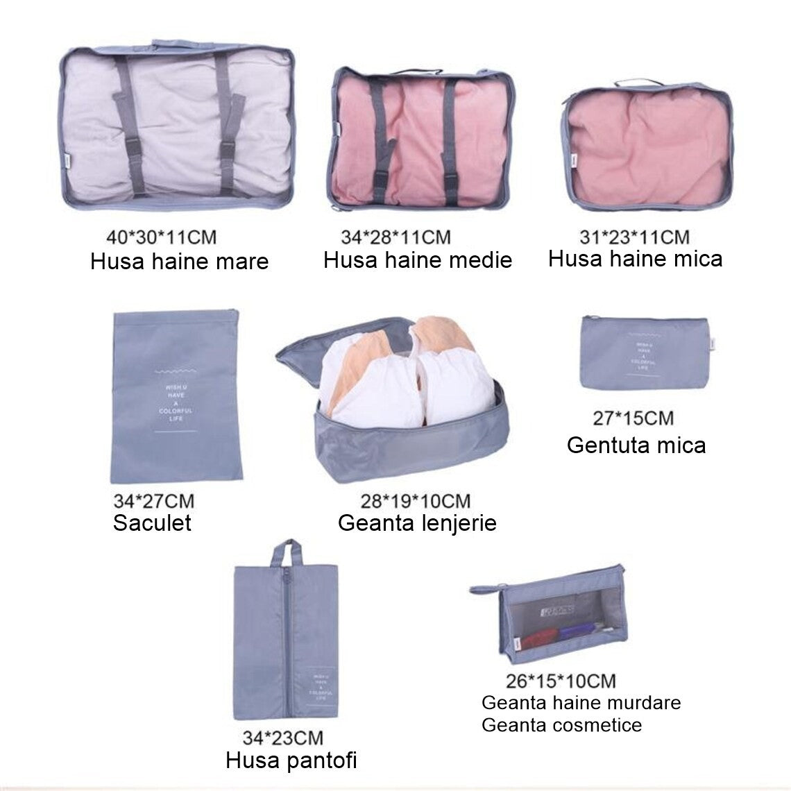 Set 8 huse organizare bagaj Flippy, material poliester, impermeabil, cu fermoar, pentru calatorii sau dulap, sac pentru pantofi inclus, pliabil, gri-1