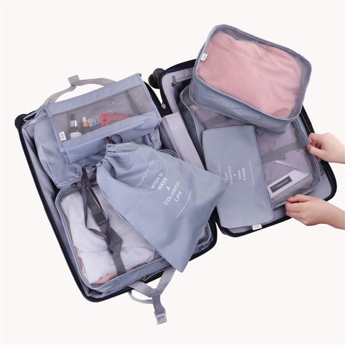 Set 8 huse organizare bagaj Flippy, material poliester, impermeabil, cu fermoar, pentru calatorii sau dulap, sac pentru pantofi inclus, pliabil, gri-3