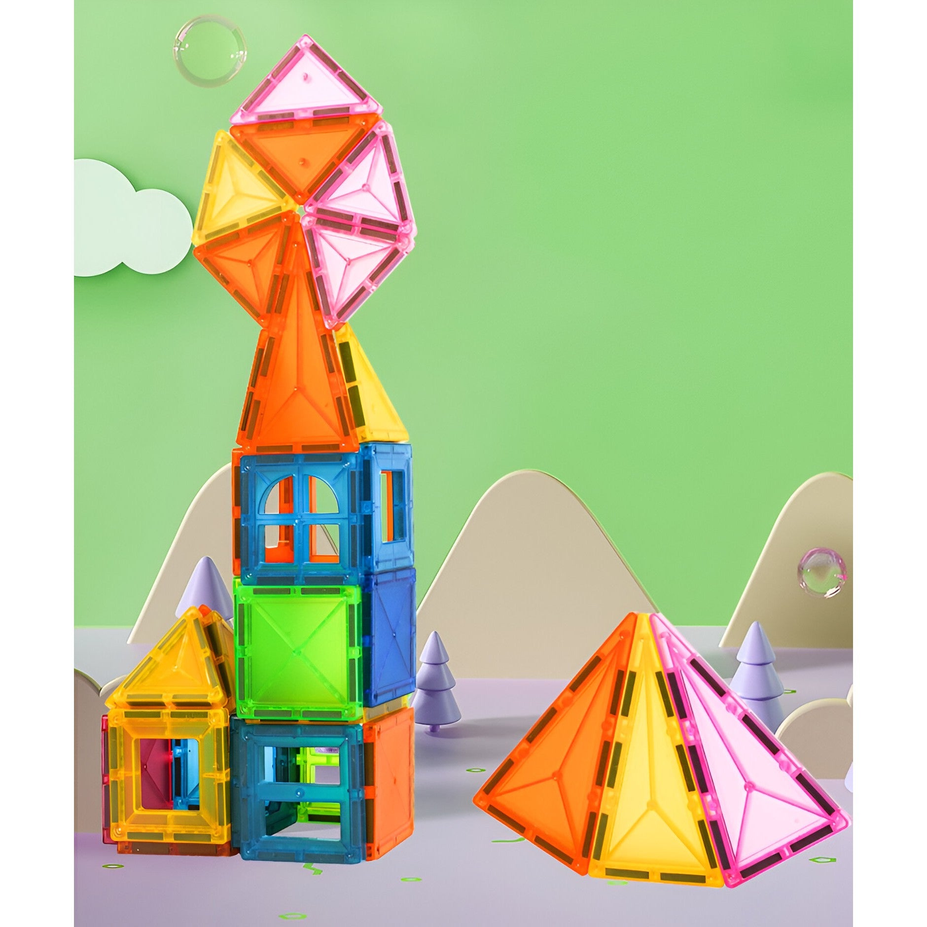 Set 88 Piese Magnetice de Constructie, Flippy, Piese 5.5 cm, Magnetic Tiles, Forme Geometrice, 3 Ani, ABS, Magnet, 27.5 x 21.5 x 17 cm, Multicolor-6