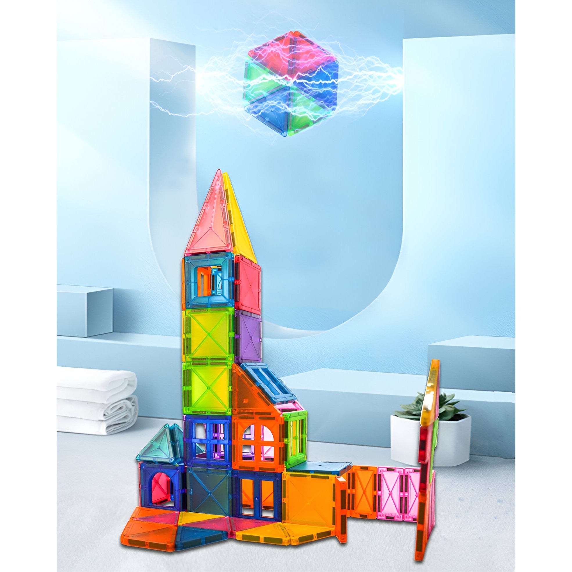 Set 88 Piese Magnetice de Constructie, Flippy, Piese 5.5 cm, Magnetic Tiles, Forme Geometrice, 3 Ani, ABS, Magnet, 27.5 x 21.5 x 17 cm, Multicolor-7