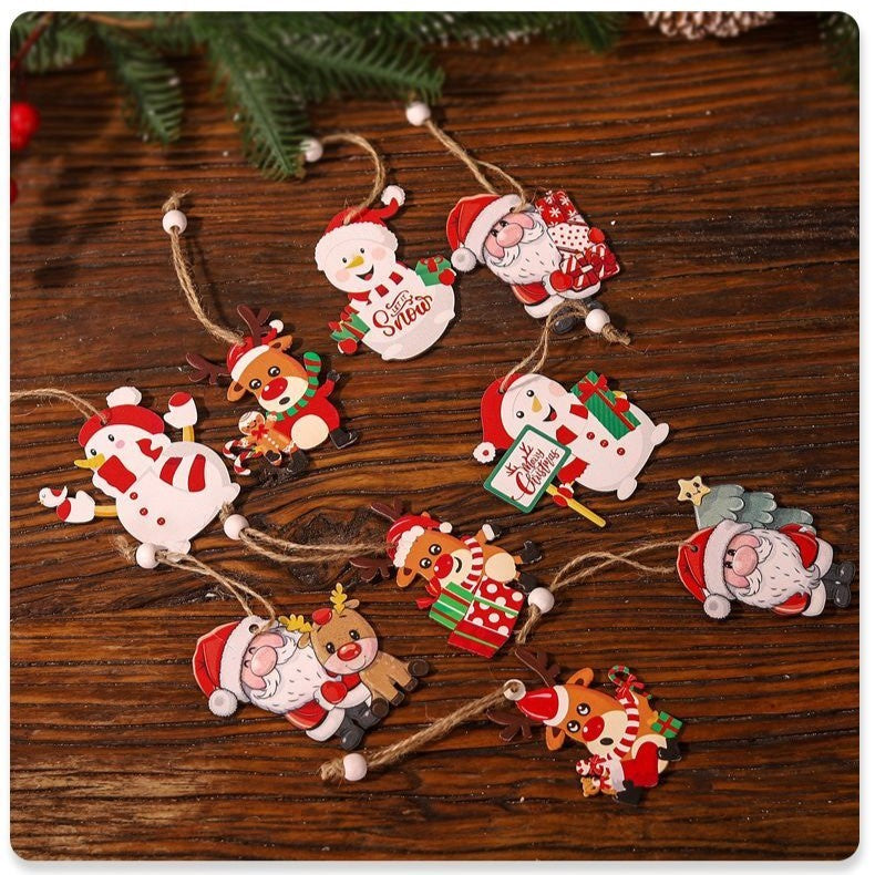 Set 9 Decoratiuni de Craciun din Lemn, Flippy, cu Snur pentru Agatare in Brad, 3 Modele, Model Mos Craciun cu Brad, Ren si Cadouri, Diferite Dimensiuni, Multicolor-1