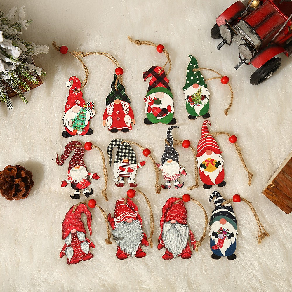 Set 9 Decoratiuni de Craciun din Lemn, Flippy, cu Snur pentru Agatare in Brad, Model Mos Craciun Diferite Dimensiuni, 3 Modele, Multicolor-4