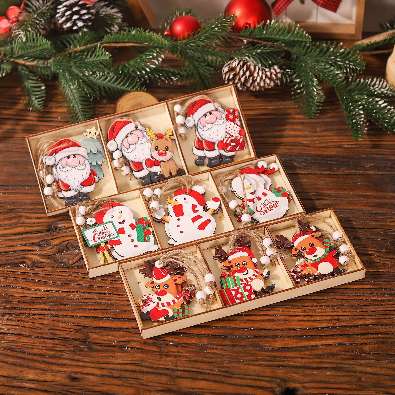 Set 9 Decoratiuni de Craciun din Lemn, Flippy, cu Snur pentru Agatare in Brad, Model Oameni de Zapada, 3 Modele, Diferite Dimensiuni, Multicolor-10