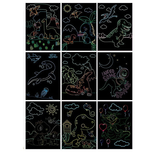 Set 9 Planse Razuibile, Flippy, Scratch ArtCards, +3 Ani, de Razuit si de Colorat, 19 x 14 cm, Model Dinozauri, Multicolor-1