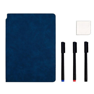 Set Agenda A5 Reutilizabila cu Pagini Tip Tabla, Agenda Pagini Albe cu Stergere Uscata, 3 Markere, 1 Burete și 1 Laveta de sters, Portabila, 24 x 16.5 cm, Coperta Piele, Albastru-0
